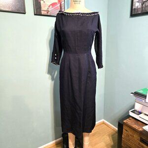 VINTAGE Deadstock 60's Silk Wiggle Dress. Boatneck. Deep Navy. Sz SM/ 27"
